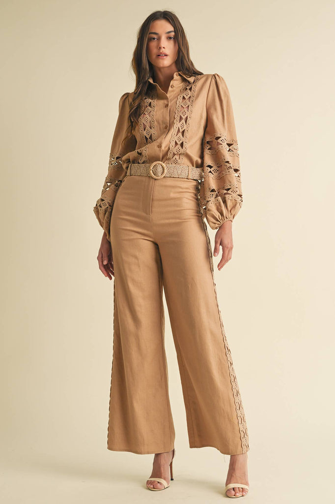 Puff-Sleeved Blouse and Embroidered Lace Pants