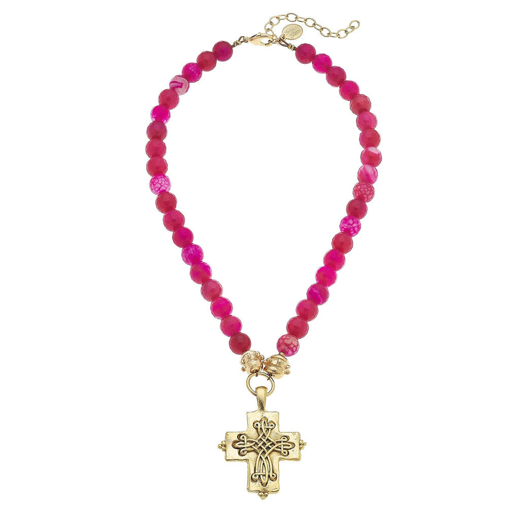 Gold Cross on Genuine Pink Peacock Agate Necklace