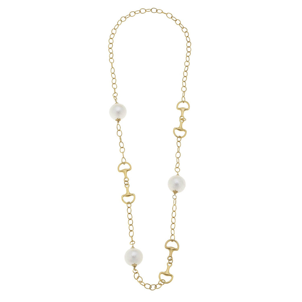 Gold Horsebit and Cotton Pearl Necklace