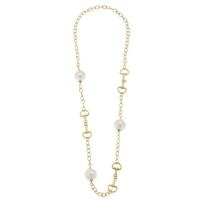 Gold Horsebit and Cotton Pearl Necklace