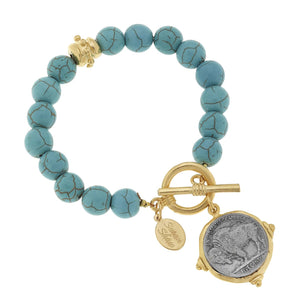 Gold and Silver Genuine Buffalo Nickel on Turquoise Bracelet
