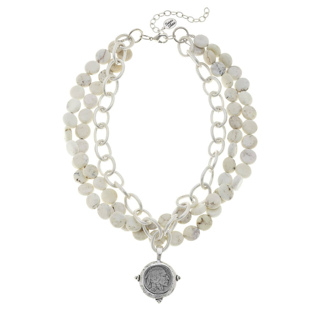 Multi-Strand White Turquoise Coin Necklace