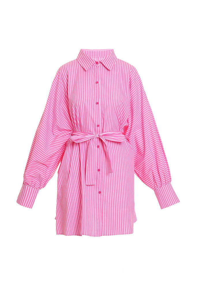 Stripe Pattern Print Belted Midi Shirt Dress