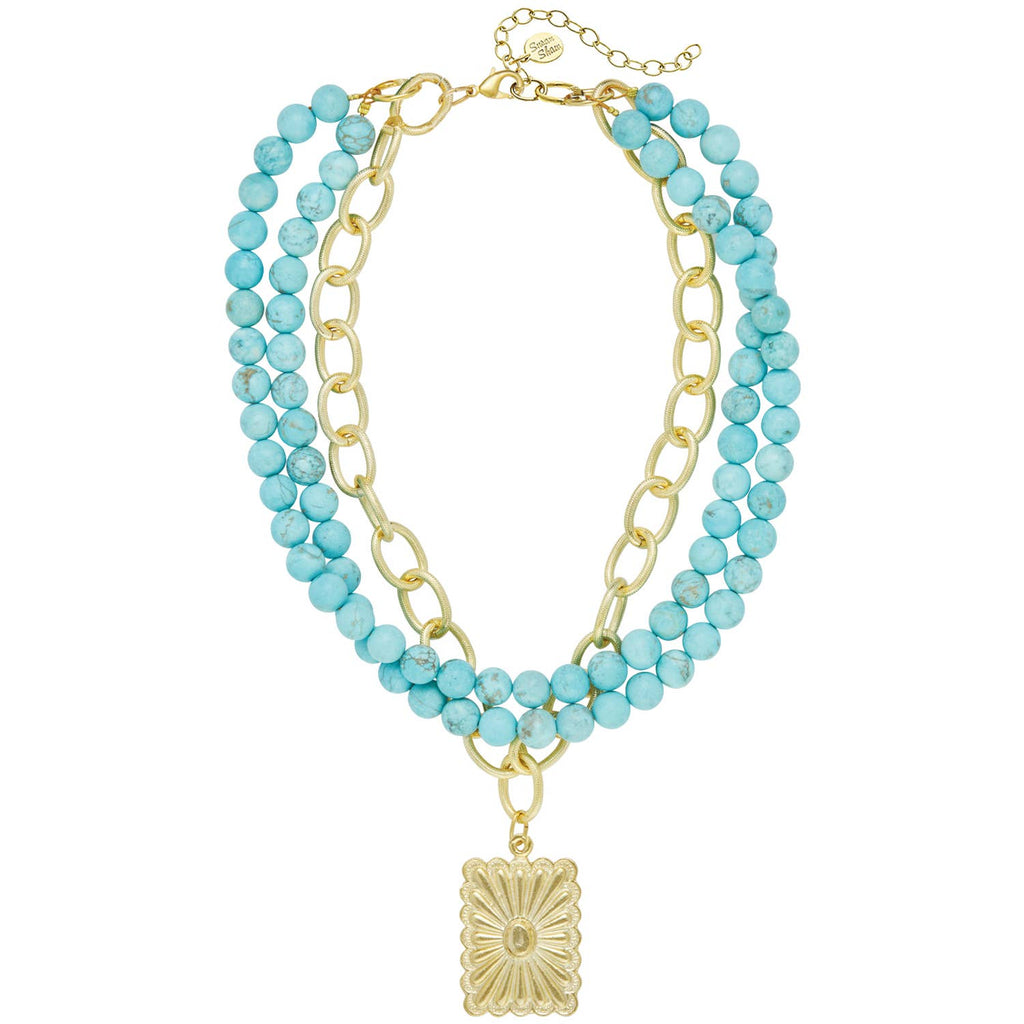 Gold Rectangle Concho + 3 Row Matte Turquoise Necklace
