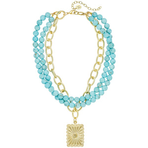 Gold Rectangle Concho + 3 Row Matte Turquoise Necklace