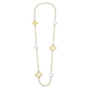 36" Gold Cross and Genuine Large Coin Pearl Chain Necklace