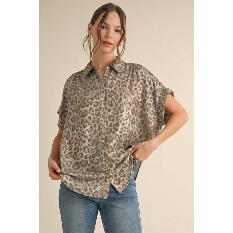 Leopard print collared top : TAUPE / S