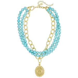 Gold Oval Concho + 3 Row Matte Turquoise Necklace