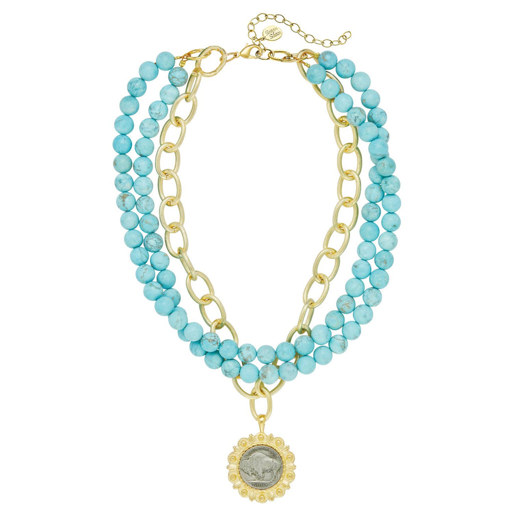 Gold & Buffalo Nickel on 3 Row Matte Turquoise Necklace