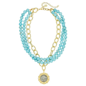 Gold & Buffalo Nickel on 3 Row Matte Turquoise Necklace