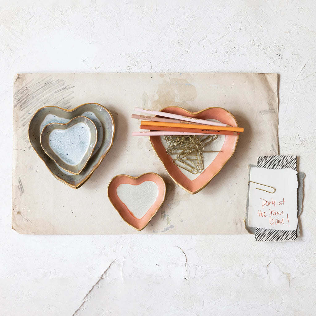 Stoneware Heart Dish w/ Gold Edge, Set of 2