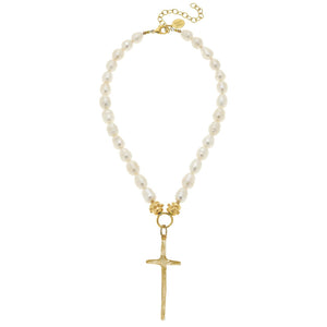 Elongated Cross Pearl Necklace