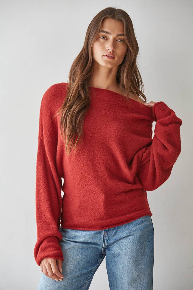 W1542 | Knit Sweater Boat Neck Long Sleeve Pullover Top: Wine / S