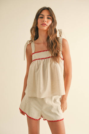 Linen Tie Sleeve Red Detail Top