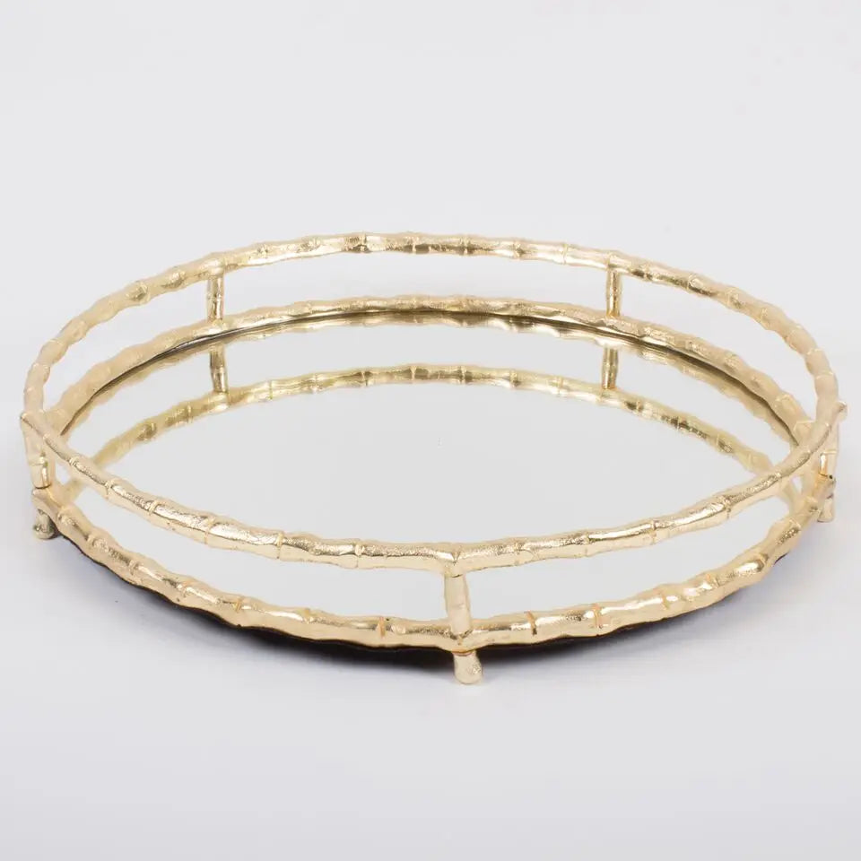 Round Mirrored Tray-Gold Bamboo